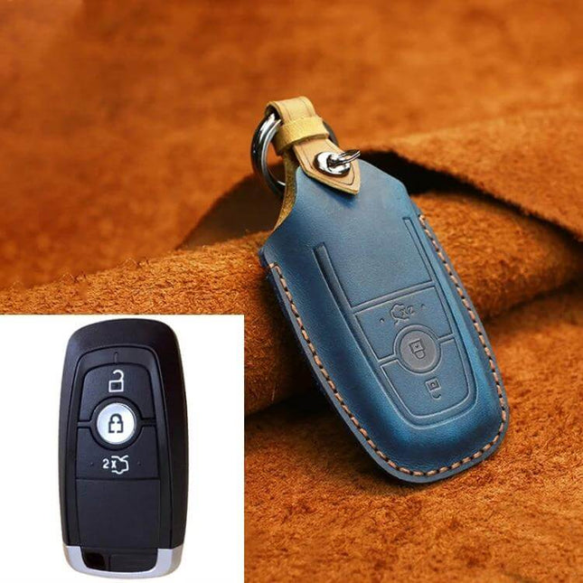 Cowhide Leather Key Cover for Ford Cars, Three-Key Capacity - blue genuine cowhide protector for Ford key fob, soft grip, holds three keys