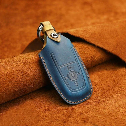 Cowhide Leather Key Cover for Ford Cars, Three-Key Capacity - blue genuine cowhide leather protective key case