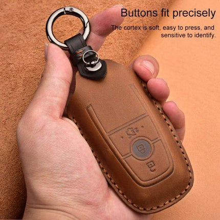 Cowhide Leather Key Cover for Ford Cars, Three-Key Capacity - brown genuine leather key fob holder with ring