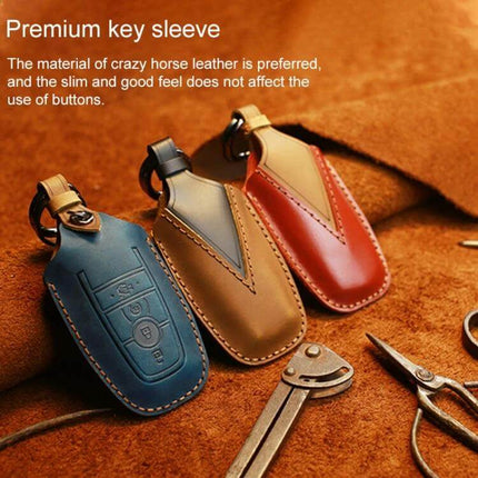 Cowhide Leather Key Cover for Ford Cars, Three-Key Capacity — genuine cowhide leather key sleeve in blue brown red protecting three Ford keys