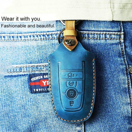Cowhide Leather Key Cover for Ford Cars, Three-Key Capacity - blue cowhide leather key cover attached to jeans