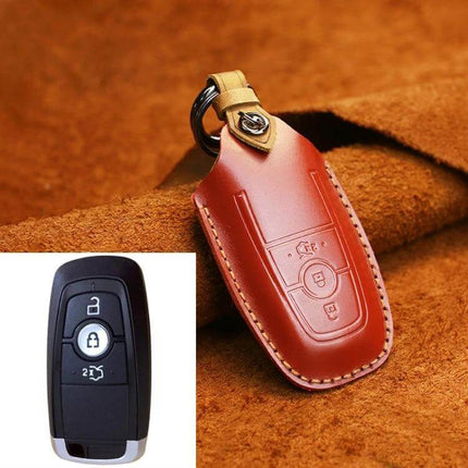 Cowhide Leather Key Cover for Ford Cars, Three-Key Capacity brown cowhide leather key cover with key fob shown
