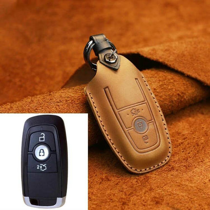 Cowhide Leather Key Cover for Ford Cars, Three-Key Capacity in tan leather protecting Ford key fob with keyring