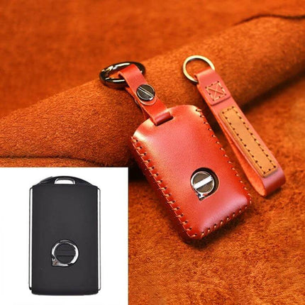 Soft Cowhide Leather Protective Key Case for Volvo Cars in red leather with keyring and strap protecting Volvo key fob
