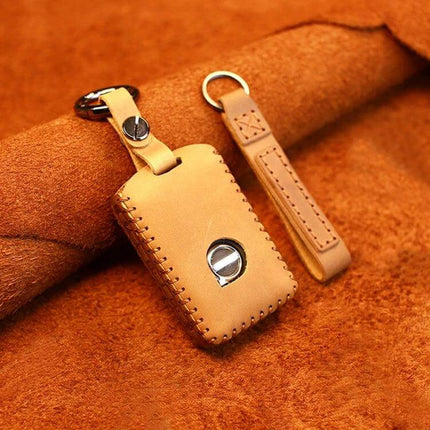 Soft Cowhide Leather Protective Key Case for Volvo Cars in tan genuine leather with stitched cover and keyring