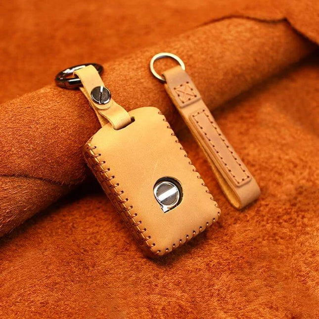 Soft Cowhide Leather Protective Key Case for Volvo Cars in tan genuine leather with stitched cover and keyring