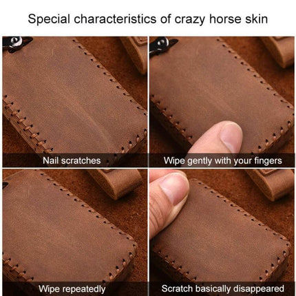 Soft Cowhide Leather Protective Key Case for Volvo Cars showing brown crazy-horse leather close-ups with scratch tests and finger wiping