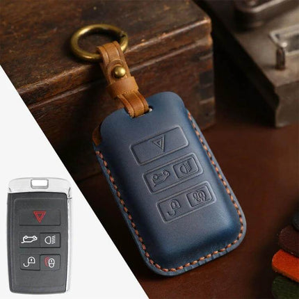 Leather Key Case in Cowhide for Land Rover Vehicles - navy cowhide key cover protecting Range Rover and Discovery 5 keys, stitched leather fob