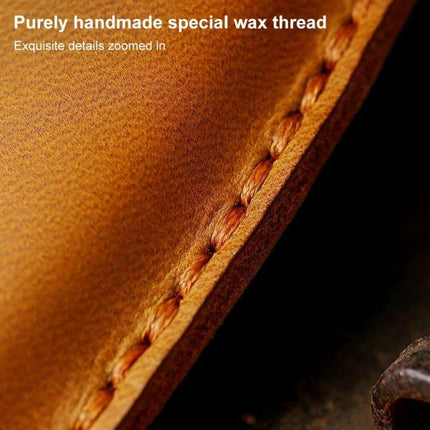 Leather Key Case in Cowhide for Land Rover Vehicles close-up of handmade wax thread stitching on soft cowhide leather