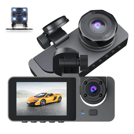 Triple Lens Car Dash Camera for Front and Rear Recording showing front, interior and rear lenses with LCD display and suction mount