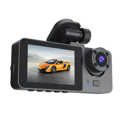 Triple Lens Car Dash Camera for Front and Rear Recording - compact dash cam with LCD display showing sports car, front and rear lenses for full coverage