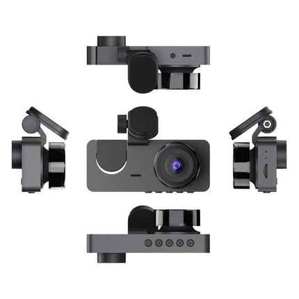Triple Lens Car Dash Camera for Front and Rear Recording showing front, interior, and rear lenses in multiple angled views