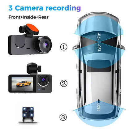 Triple Lens Car Dash Camera for Front and Rear Recording showing front, interior and rear coverage angles for comprehensive vehicle monitoring