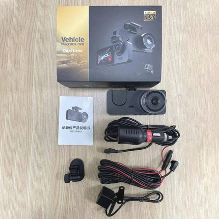 Triple Lens Car Dash Camera for Front and Rear Recording - product box, camera unit, cables and accessories laid out on wood surface