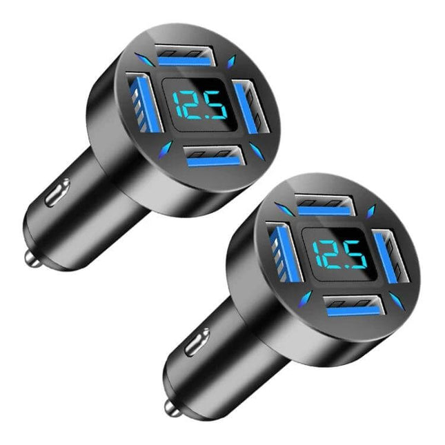 4-Port USB Car Charger With Digital Display For In-Car Use showing dual chargers with blue LED voltage readout and four USB ports
