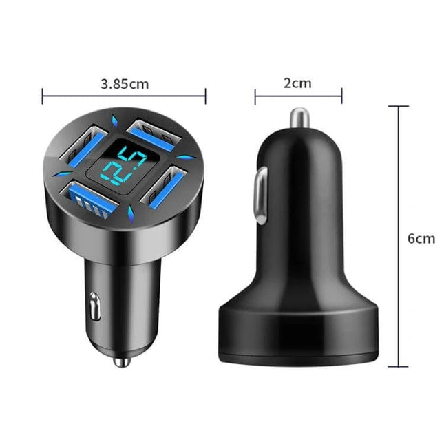 4-Port USB Car Charger With Digital Display For In-Car Use - compact black 4.8A car charger with LED voltage readout and four USB ports