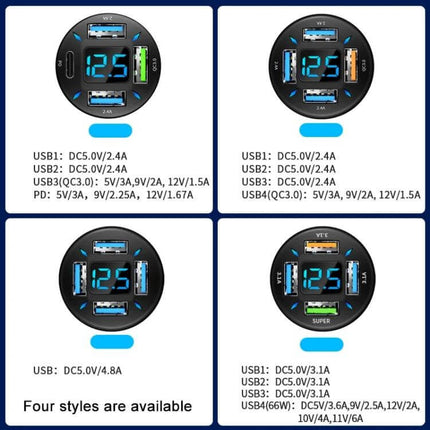 4-Port USB Car Charger With Digital Display For In-Car Use showing round unit with four USB ports and blue digital voltage readout, ideal for charging multiple devices
