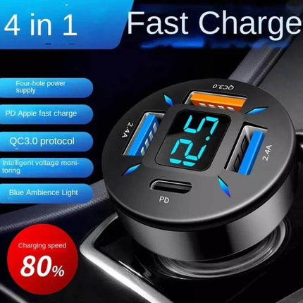 4-Port USB Car Charger With Digital Display For In-Car Use showing round 4-port fast charger with digital voltage readout and blue ambient lights