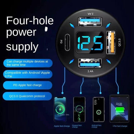 4-Port USB Car Charger With Digital Display For In-Car Use showing four USB ports and digital voltage readout powering multiple devices
