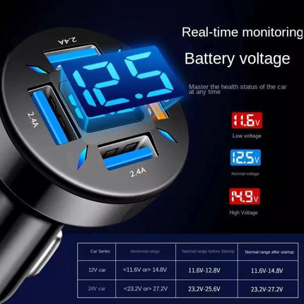 4-Port USB Car Charger With Digital Display For In-Car Use showing blue digital voltage readout and four USB ports