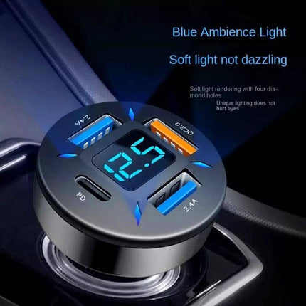 4-Port USB Car Charger With Digital Display For In-Car Use showing blue ambient light, four USB ports and digital voltage/current screen