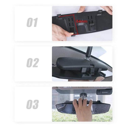 Shunwei Anti-Glare Rear-View Mirror for Safer Driving Visibility showing attachment steps and fit on original mirror (48-84mm)