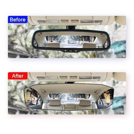 Shunwei Anti-Glare Rear-View Mirror for Safer Driving Visibility showing before vs after wider, reduced-glare field of view (1300R arc lens)