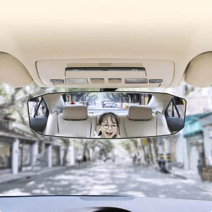 Shunwei Anti-Glare Rear-View Mirror for Safer Driving Visibility showing expanded rear view with child reflection and reduced glare