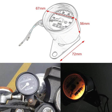 Retro Style Motorcycle Speedometer for Daily Rides in Black - metal retro speedometer mounted on bike, daytime and illuminated night views