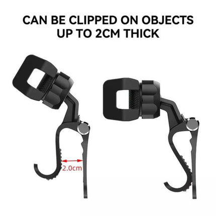 Adjustable Car Sun Visor Phone Holder for Rear Seats and More showing clip that fits objects up to 2cm thick, adjustable swivel mount for hands-free use