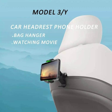 Adjustable Car Sun Visor Phone Holder for Rear Seats and More shown mounted on a headrest holding a phone for rear-seat viewing