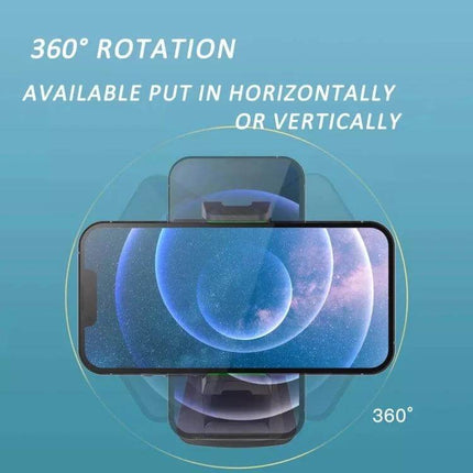 Adjustable Car Sun Visor Phone Holder for Rear Seats and More showing 360° rotation capability for horizontal or vertical phone mounting