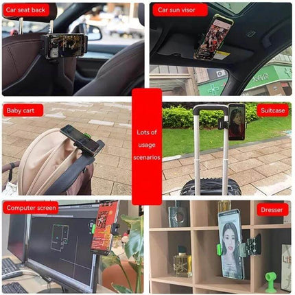 Adjustable Car Sun Visor Phone Holder for Rear Seats and More mounted on car sun visor, rear seat, stroller, suitcase, computer screen and dresser