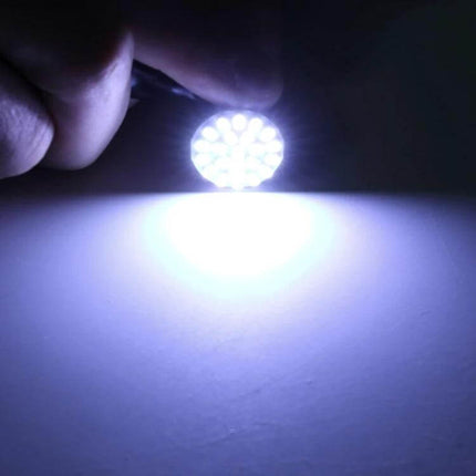 1156 Socket Car Turn Signal LED Bulbs, Universal Fit Pack Of 10 shown lit in hand demonstrating bright white LED output and compact 1156 socket design