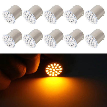 1156 Socket Car Turn Signal LED Bulbs, Universal Fit Pack Of 10 - 10-pack bright amber 1156 LED replacements shown unlit and glowing for turn signals