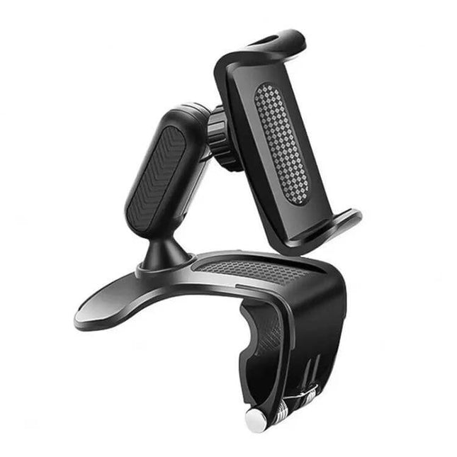 Car Dashboard Mobile Phone Holder with 360-Degree Rotation mounted on dashboard clamp showing adjustable 360° swivel and secure grip