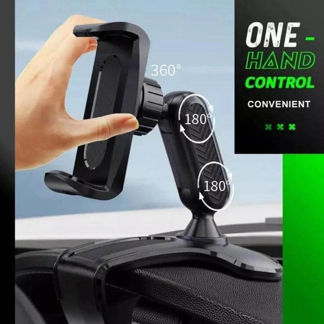 Car Dashboard Mobile Phone Holder with 360-Degree Rotation mounted on dashboard showing 360° and 180° adjustable angles for hands-free navigation