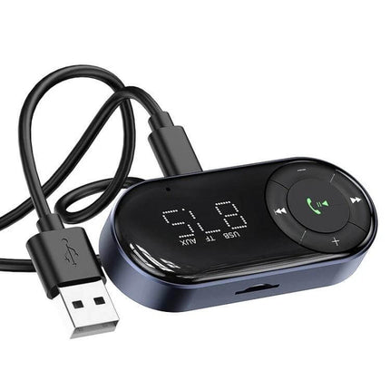 Compact Car Bluetooth Audio Receiver For Hands Free Vehicle Calls with USB cable, FM transmitter display and 3.5mm AUX and TF card support