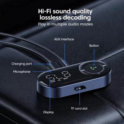 Car Bluetooth Audio Receiver For Hands Free Vehicle Calls - compact Bluetooth 5.2 FM transmitter with AUX, TF card slot, microphone and display for in-car hands-free audio