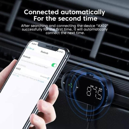 Car Bluetooth Audio Receiver For Hands Free Vehicle Calls compact FM transmitter showing phone paired and automatic reconnect on car vent