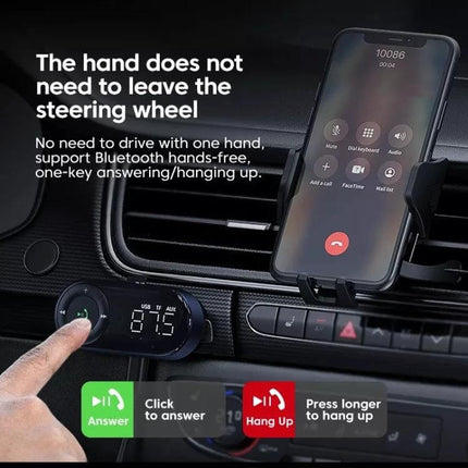 Car Bluetooth Audio Receiver For Hands Free Vehicle Calls showing dashboard FM transmitter, phone mount, 3.5mm AUX and one-touch answer hang-up controls
