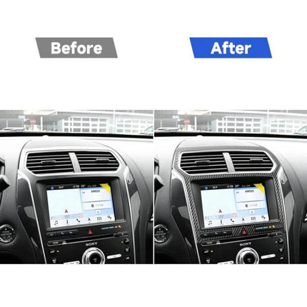 Carbon Fiber Decorative Sticker for Ford Explorer Navigation Panel installed on 2016-2019 dashboard showing before and after center console
