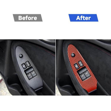 Nissan 370Z Carbon Fiber Decorative Right Drive Door Sticker shown before and after installation on door control panel
