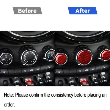 Carbon Fiber Decorative Sticker for BMW Mini Multimedia Knob shown before and after installation on dashboard control knobs