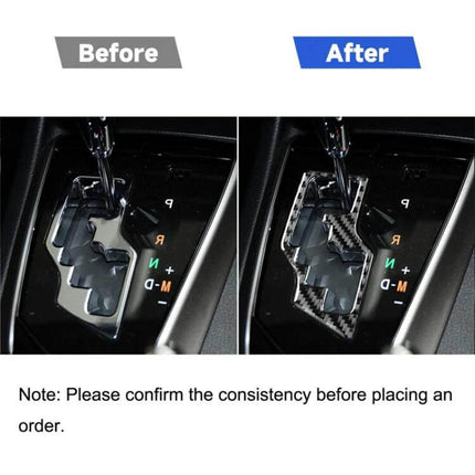 Carbon Fiber Decorative Gear Sticker for Toyota Corolla Levin 2014-2018 showing before and after carbon fiber trim around gear shift
