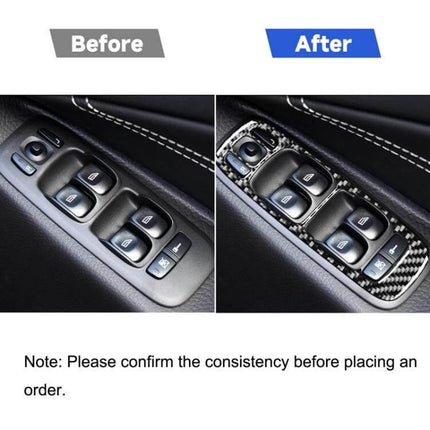 Carbon Fiber 4-in-1 Door Sticker for Volvo XC90 Right Drive shown before and after on driver-side window control panel, 2003-2014 right-drive model