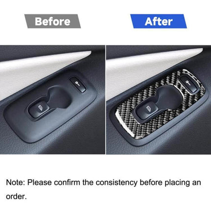 Carbon Fiber 4-in-1 Door Sticker for Volvo XC90 Right Drive showing before and after installation on right-drive door control panel