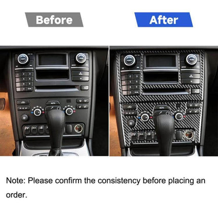 Carbon Fiber Decorative Control Panel Set for Volvo XC90 shown before and after interior upgrade with carbon fiber finish