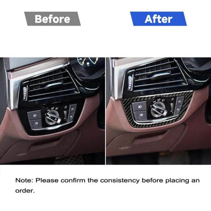 Carbon Fiber Decorative Sticker for BMW Headlight Switches shown before and after on G01 X3 G02 X4 dashboard