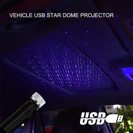 Car USB Star Dome Projector Light, Purple Blue for Night Driving projecting purple-blue stars across a car ceiling via USB, compact and adjustable 360°
